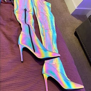 Iridescent thigh high boots
